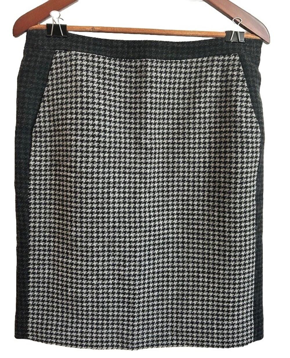 J Crew Pencil Skirt, Gray & Black, Bold Houndstooth Wool, Lined, Sz 8 Preppy